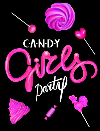 Candy girls party banner with levitating pink sweet products. Vector illustrationのイラスト素材