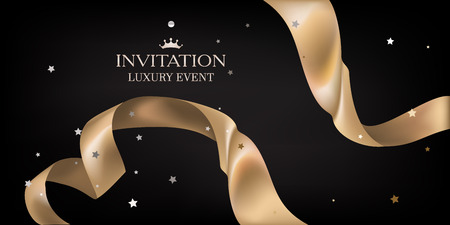 Luxury invitation card with golden curly ribbon. Vector illustrationのイラスト素材