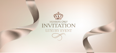 Elegant invitation beige card with sparkling ribbons and crown. Vector illustrationのイラスト素材