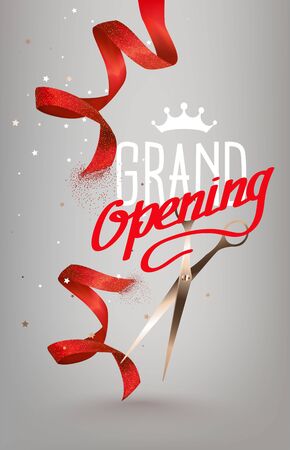 Grand opening invitation card with curly cut ribbons. Vector illustrationのイラスト素材
