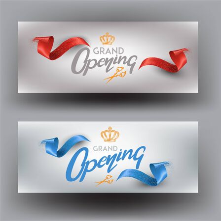 GRAND opening invitation banners with curly cut ribbons. Vector illustrationのイラスト素材