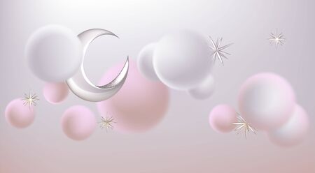 Volume moon, clouds and stars levitating in the sky. Vector illustrationのイラスト素材