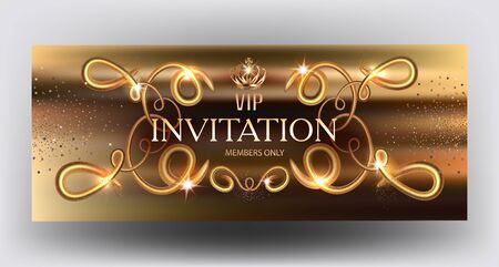 Gold sparkling invitation card with volume swirls. Vector illustrationのイラスト素材