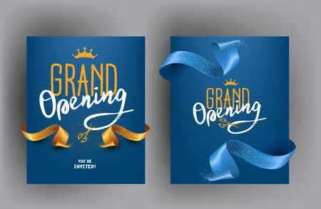 Grand opening cards with sparkling cut ribbons. Vector illustrationのイラスト素材