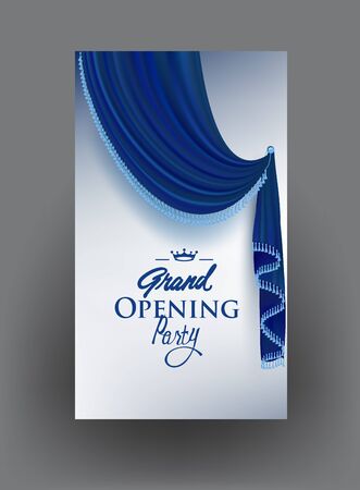 Grand opening Party banner with blue elegant curtain with fringe. Vector illustrationのイラスト素材