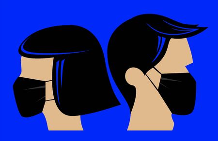 Male and female silhouettes with medical masks. Vector illustrationのイラスト素材