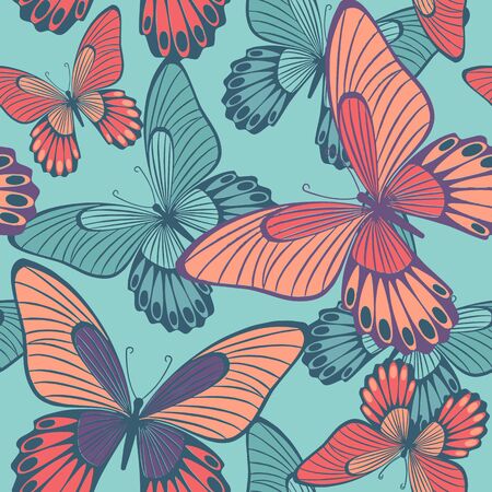 Butterflies on Turquoise Green Seamless Pattern, Butterfly Background Repeat Patternのイラスト素材