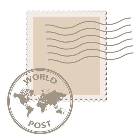 vector blank post stamp with world map postmarkのイラスト素材
