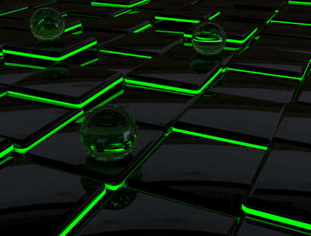 3d background with green neon light and glass ballの写真素材