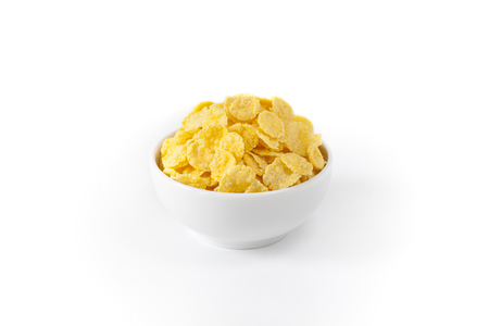Corn Flakes in the Bowl Isolated Top View on White Backgroundの写真素材