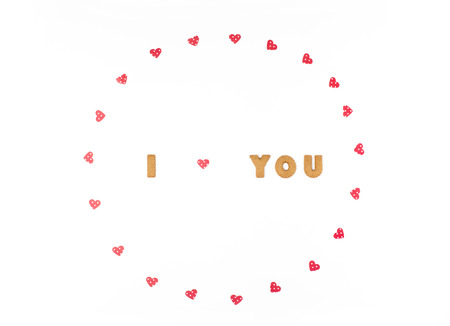 Valentine's day concept. Declaration of love, frame made of paper hearts. Flat lay, top view, white...