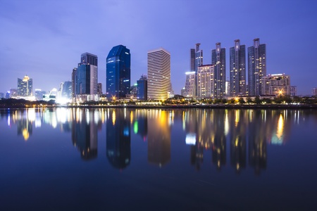 night time of Bangkok with water reflectionの写真素材