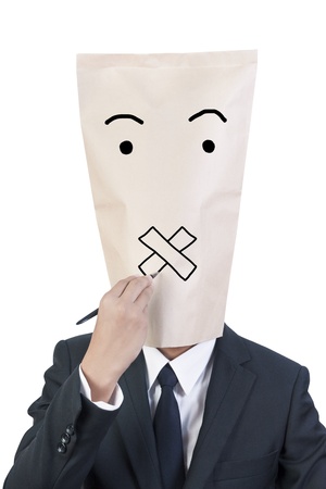 Businessman cover head drawing his face about his emotionの写真素材