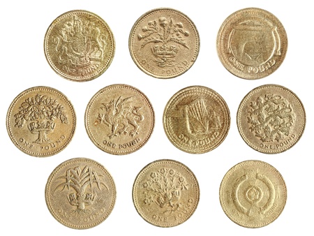 ten coin of one pound coin collection isolated on white background