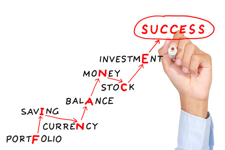 Man drawing motivation finance abstract concept on whiteboard white backgroundの写真素材