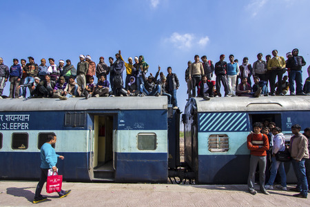 JAISALMER, INDIA - FEBRUARY 24: Unidentified man on the train on February 24, 2013 in Jaisalmer,...