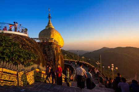 KYAIKTIYO, MYANMAR - FEB 13: Kyaiktiyo Pagoda ,also called Golden rock, in Myanmar on February 13, 2014, Kyaiktiyo Pagoda is the destination of many a Buddhist pilgrim.のeditorial素材