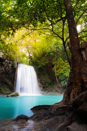 Erawan Waterfall in Thailand is locate in Kanchanaburi Provience. This waterfall is in Erawan national park inside forest. Level 3 from 7.の写真素材