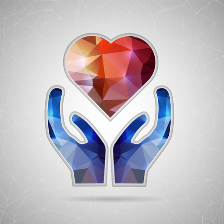 Abstract Creative concept vector icon of heart in hand for Web and Mobile Applications isolated on background. Vector illustration template design, Business infographic and social media, origami iconsのイラスト素材