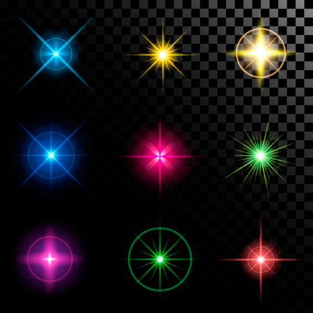 Creative concept Vector set of glow light effect stars bursts with sparkles isolated on black background. For illustration template art design, banner for Christmas celebrate, magic flash energy ray.のイラスト素材