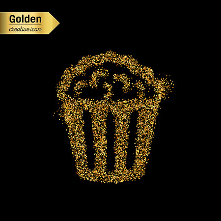 Gold glitter vector icon of popcorn isolated on background. Art creative concept illustration for web, glow light confetti, bright sequins, sparkle tinsel, abstract bling, shimmer dust, foil.のイラスト素材