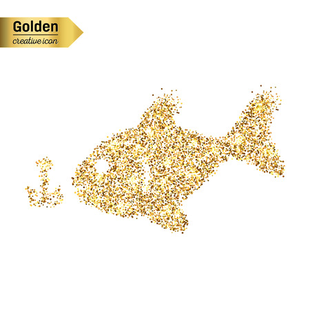 Gold glitter vector icon of fishing isolated on background. Art creative concept illustration for web, glow light confetti, bright sequins, sparkle tinsel, abstract bling, shimmer dust, foil.のイラスト素材