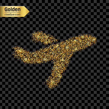 Gold glitter vector icon of airplane isolated on background. Art creative concept illustration for web, glow light confetti, bright sequins, sparkle tinsel, abstract bling, shimmer dust, foil.のイラスト素材