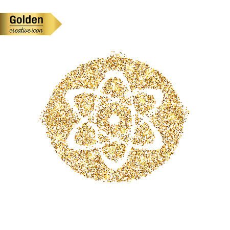 Gold glitter vector icon of atom isolated on background. Art creative concept illustration for web, glow light confetti, bright sequins, sparkle tinsel, abstract bling, shimmer dust, foil.のイラスト素材