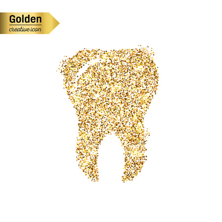 Gold glitter vector icon of tooth isolated on background. Art creative concept illustration for web, glow light confetti, bright sequins, sparkle tinsel, abstract bling, shimmer dust, foil.のイラスト素材