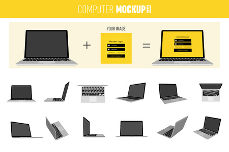 Abstract creative Laptop set. Isolated mockup on background. Isometric 3D style template. For web and mobile app clipart art. Concept idea design element. Vector illustration infographics theme.のイラスト素材
