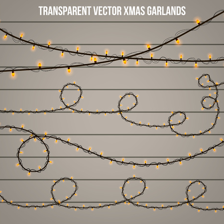 Abstract creative christmas garland light isolated on background. template. Vector illustration clipart art for Xmas holiday decoration. Concept idea design element. Realistic luminous bulb. Glow lampのイラスト素材
