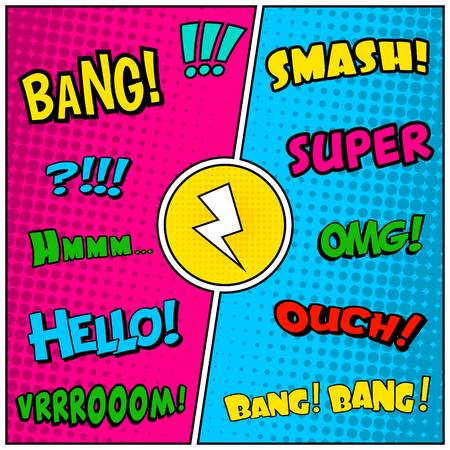 Abstract creative concept vector comic pop art style blank, layout template with clouds beams and isolated dots background. For sale banner, empty speech bubble set, illustration halftone book design.のイラスト素材