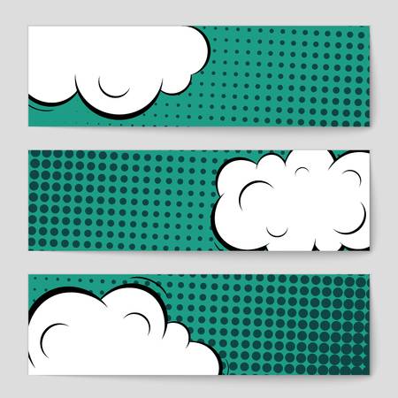 Abstract creative concept vector comic pop art style blank, layout template with clouds beams and isolated dots background. For sale banner, empty speech bubble set, illustration halftone book design.のイラスト素材