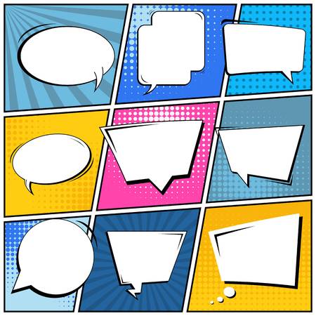 Abstract creative concept vector comic pop art style blank, layout template with clouds beams and isolated dots background. For sale banner, empty speech bubble set, illustration halftone book design.のイラスト素材