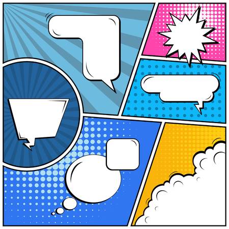 Abstract creative concept vector comic pop art style blank, layout template with clouds beams and isolated dots background. For sale banner, empty speech bubble set, illustration halftone book design.のイラスト素材