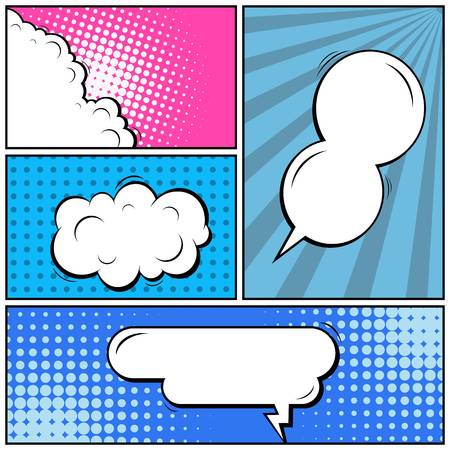 Abstract creative concept vector comic pop art style blank, layout template with clouds beams and isolated dots background. For sale banner, empty speech bubble set, illustration halftone book design.のイラスト素材