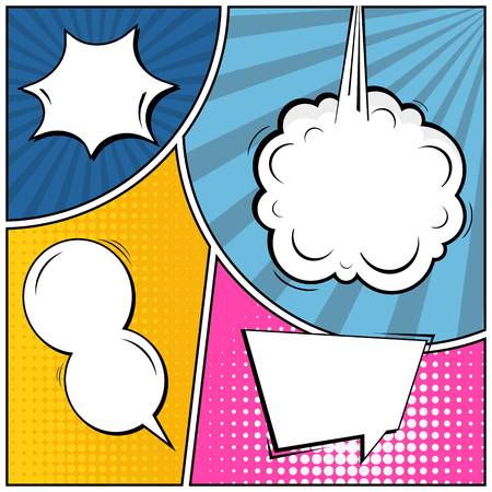 Abstract creative concept vector comic pop art style blank, layout template with clouds beams and isolated dots background. For sale banner, empty speech bubble set, illustration halftone book design.のイラスト素材