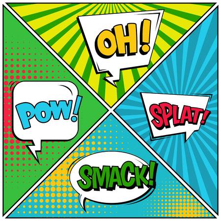 Abstract creative concept vector comic pop art style blank, layout template with clouds beams and isolated dots background. For sale banner, empty speech bubble set, illustration halftone book design.のイラスト素材
