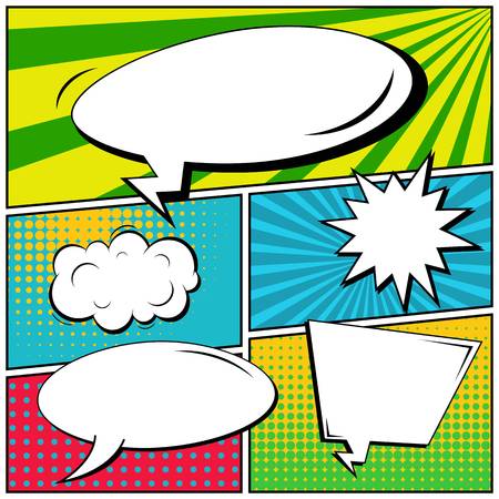 Abstract creative concept vector comic pop art style blank, layout template with clouds beams and isolated dots background. For sale banner, empty speech bubble set, illustration halftone book design.のイラスト素材