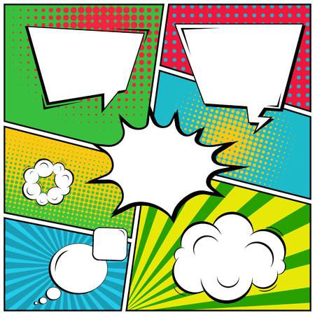 Abstract creative concept vector comic pop art style blank, layout template with clouds beams and isolated dots background. For sale banner, empty speech bubble set, illustration halftone book design.のイラスト素材