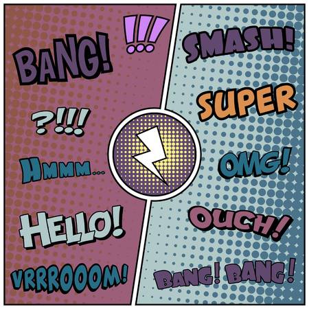 Abstract creative concept comic pop art style blank, layout template with clouds beams and isolated dots background. For sale banner, empty speech bubble set, vector illustration halftone book designのイラスト素材