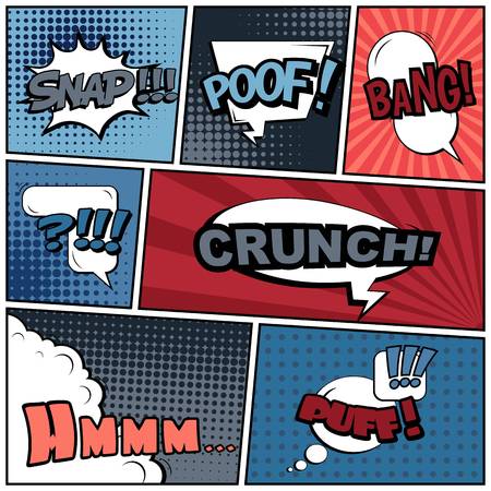 Abstract creative concept comic pop art style blank, layout template with clouds beams and isolated dots background. For sale banner, empty speech bubble set, vector illustration halftone book designのイラスト素材