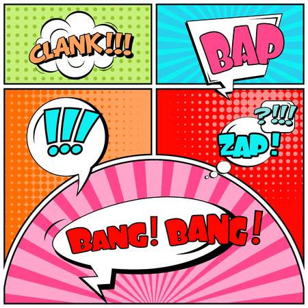 Abstract creative concept comic pop art style blank, layout template with clouds beams and isolated dots background. For sale banner, empty speech bubble set, vector illustration halftone book designのイラスト素材