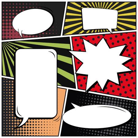 Abstract creative concept comic pop art style blank, layout template with clouds beams and isolated dots background. For sale banner, empty speech bubble set, vector illustration halftone book designのイラスト素材