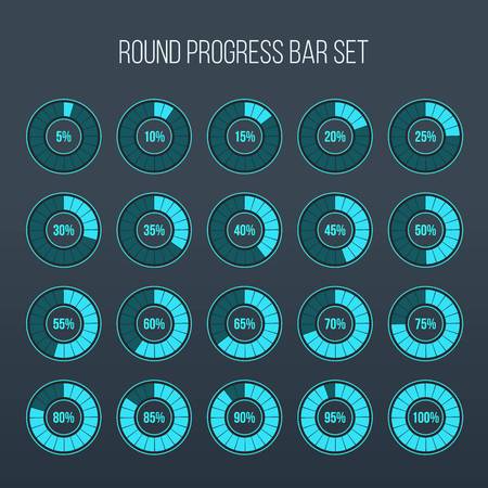 Vector illustration of round progress bar. Circle indicators status. Loading and buffering percentage icon set. Circular interval timer. Art design. Abstract concept graphic element. Accuracy dial.のイラスト素材