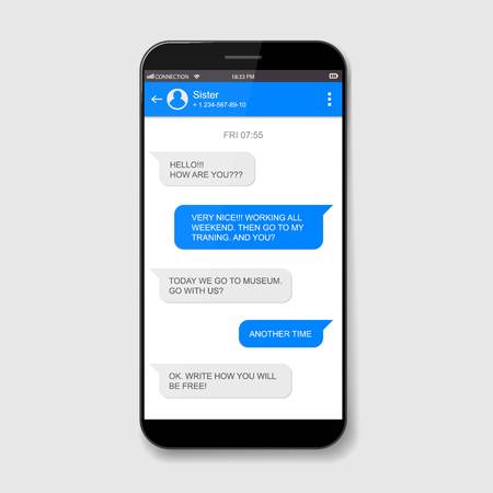 Creative vector illustration of messenger window. Social network talking art design. Mobile phone live chat boxes. Smartphone online app. Compose dialogues mockup. Abstract concept graphic element.のイラスト素材
