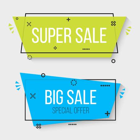 Creative vector illustration of geometric vector banners. Art design vivid transparent. Trendy flat poster. Green, blue abstract concept graphic element. Memphis style. Season sale template.のイラスト素材