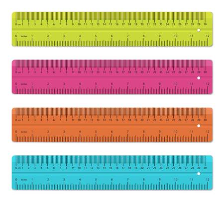 Creative vector illustration of realistic colorful rulers isolated on background. Art design measuring tool supplies. Abstract concept graphic element.のイラスト素材