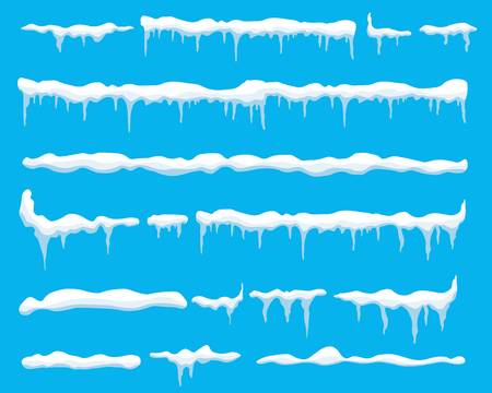 Creative vector illustration of ice icicle, caps, snowflakes set isolated on background. Winter snow clouds template art design. Snowy frame decoration. Graphic element. New year. Merry cristmas.のイラスト素材