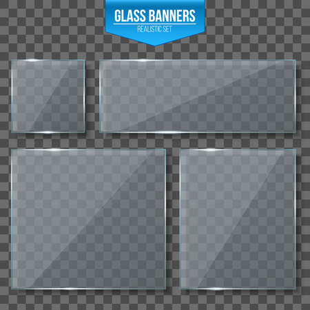 Creative vector illustration of glass plates, empty blank banners isolated on transparent background. Art design realistic mock up. Abstract concept graphic element.のイラスト素材